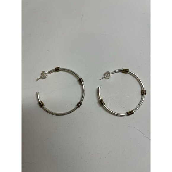 Silver Tone With Gold Tone Design Hoops Pierced Earrings - Picture 1 of 3
